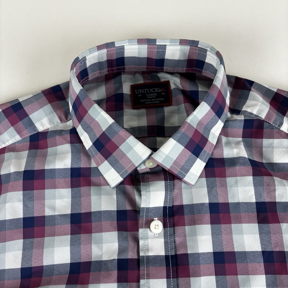 UNTUCKit Stever Hill Performance Men's Large Slim Plaid Nylon Button Up Shirt - Picture 3 of 10